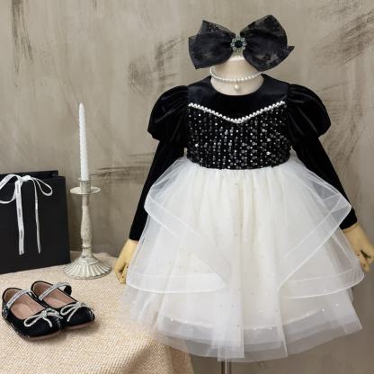 [Archive Sale] Pleuche Sequins Long Sleeve Midi Dresses - Black - 3-4Y【110CM】 - image 1