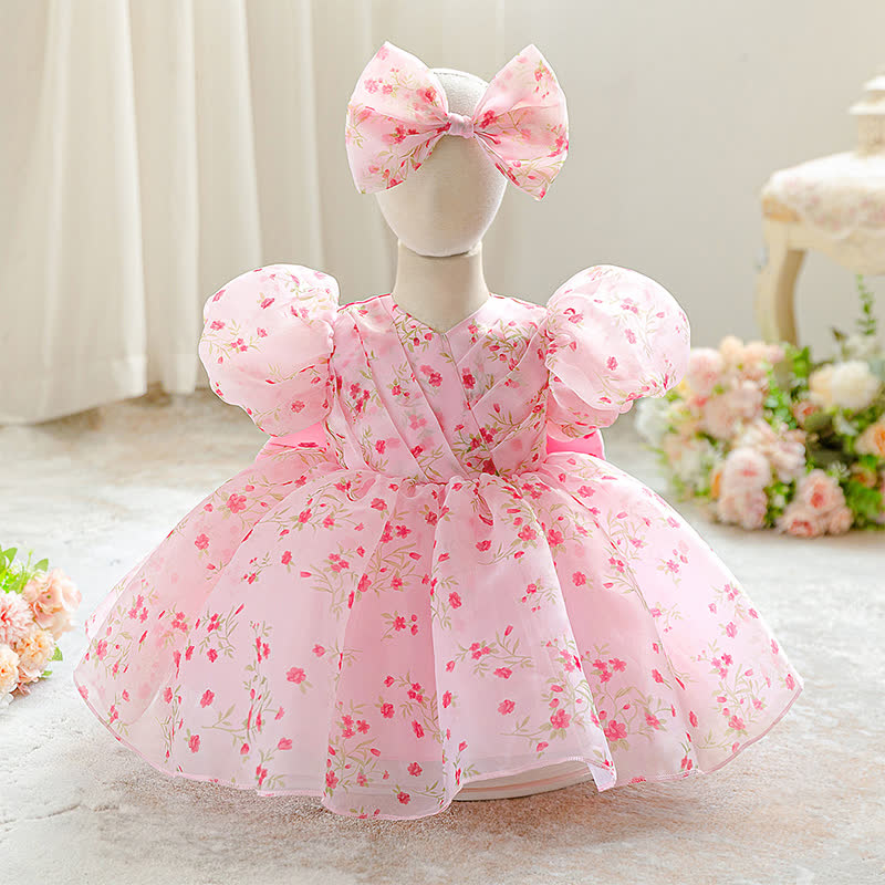 Organza Folds Bow Short Sleeve Mid-long Dresses - Pink - 2-3Y - image 1