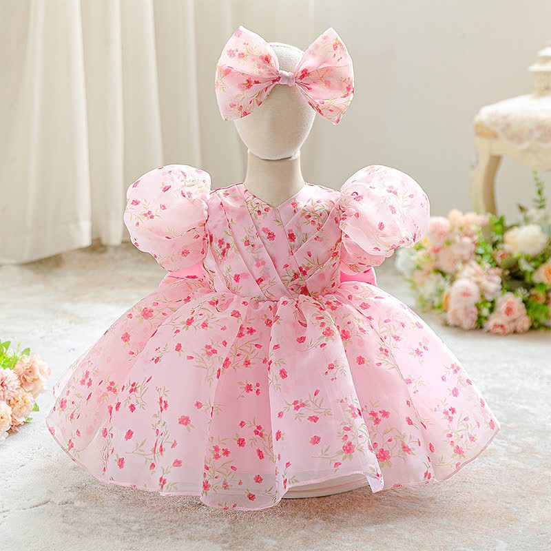 Organza Folds Bow Short Sleeve Mid-long Dresses - Pink - 2-3Y - image 1