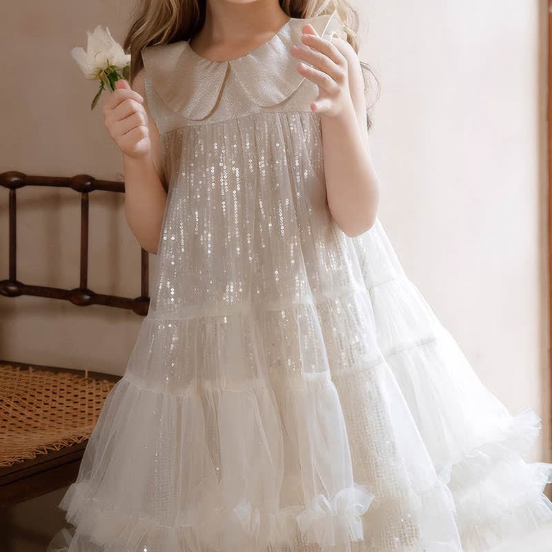 Mesh Folds Fluffy Split Joint Sleeveless Mid-long Dresses - Champagne - 7-8Y - image 1