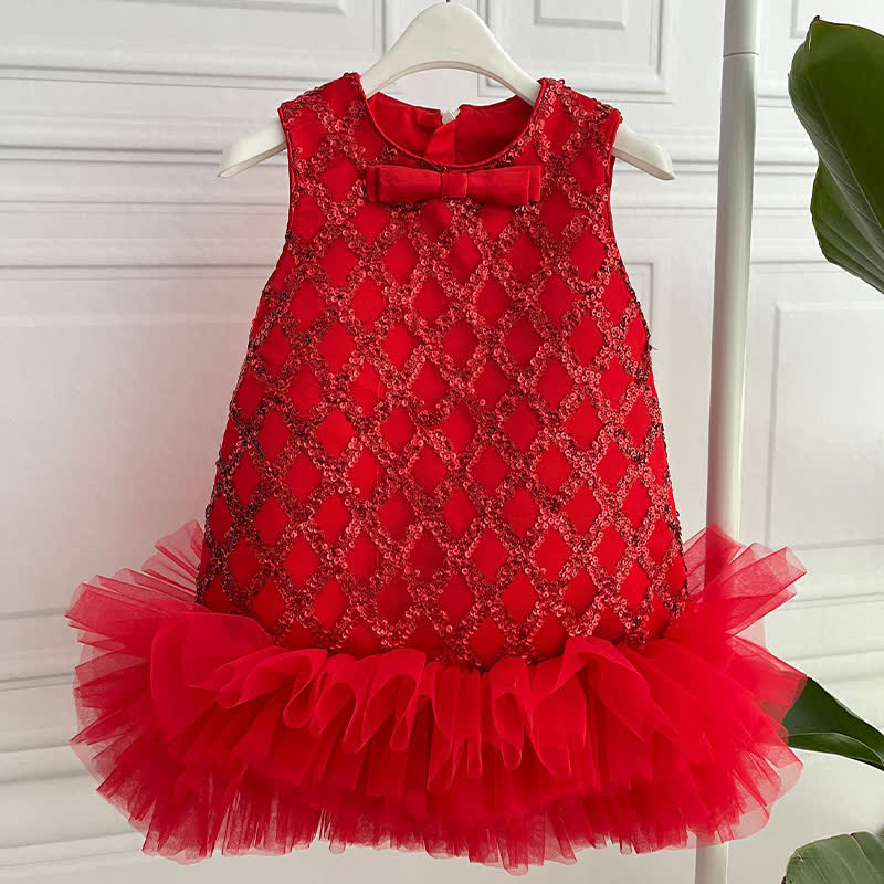 Sequins Bow Folds Sleeveless Midi Dresses - Red - 7-8Y - image 12