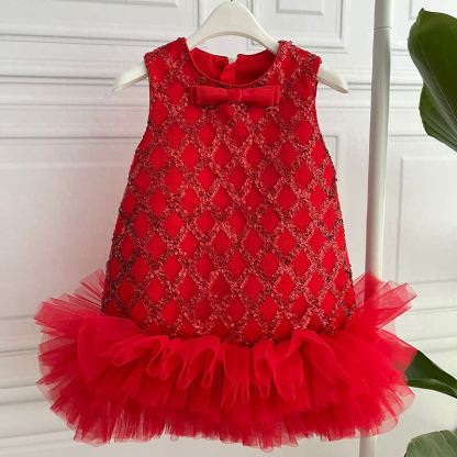 Sequins Bow Folds Sleeveless Midi Dresses - Red - 7-8Y - image 12