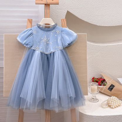Mesh Bow Sequins Short Sleeve Mid-long Dresses - image 2
