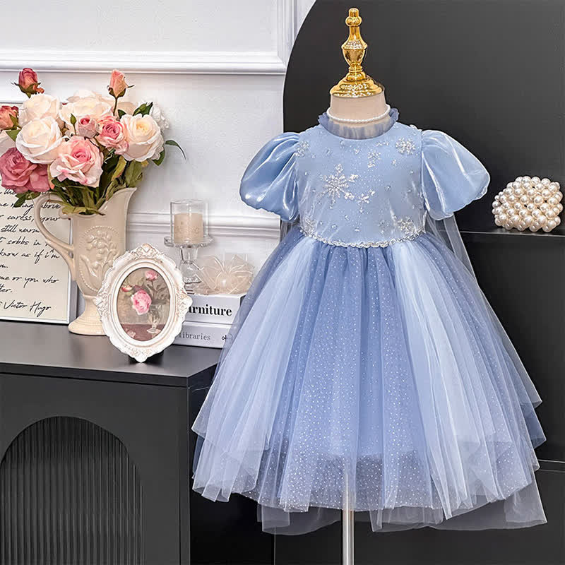 Mesh Bow Sequins Short Sleeve Mid-long Dresses - Blue - 8-9Y - image 1