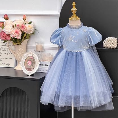 Mesh Bow Sequins Short Sleeve Mid-long Dresses - Blue - 8-9Y - image 1