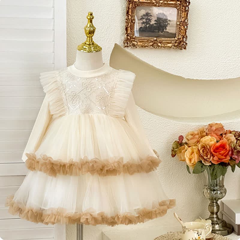 [Archive Sale] Chemical Fiber Blend Folds Fluffy Long Sleeve Mid-long Dresses - Beige - 4-5Y【110cm】 - image 1