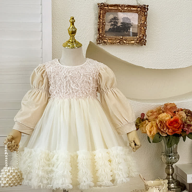 [Archive Sale] Chemical Fiber Blend Folds Fluffy Long Sleeve Mid-long Dresses - Apricot - 4-5Y【110cm】 - image 1