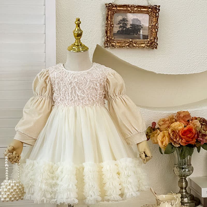 [Archive Sale] Chemical Fiber Blend Folds Fluffy Long Sleeve Mid-long Dresses - Apricot - 4-5Y【110cm】 - image 1