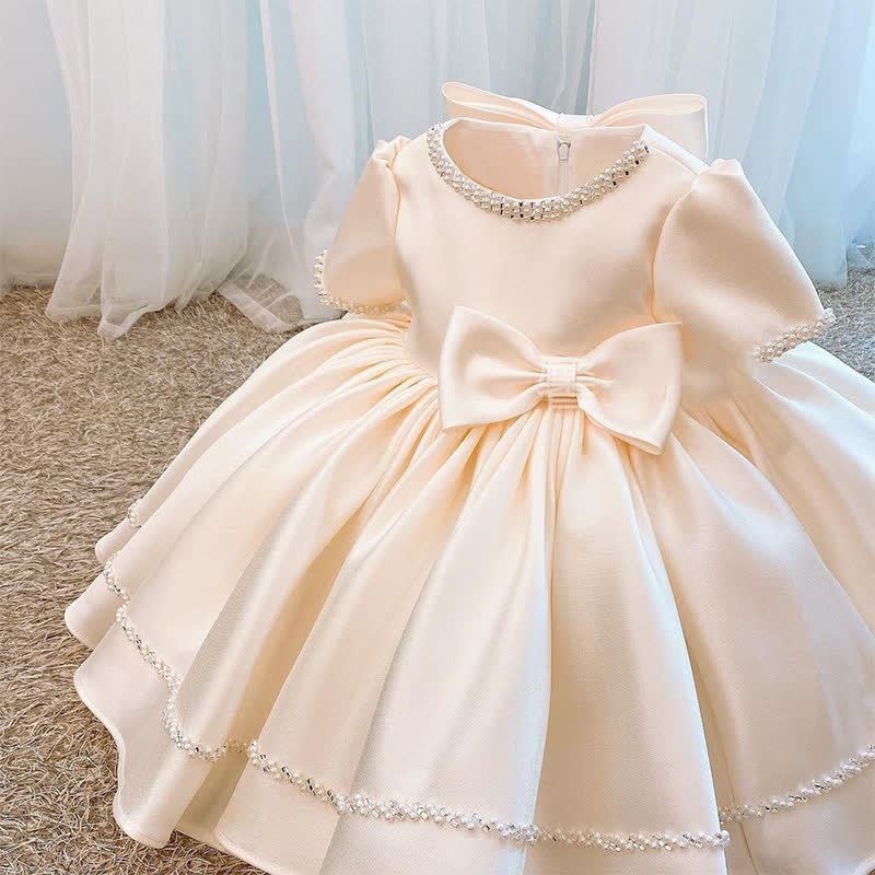Satin Bow Short Sleeve Midi Dresses - Beige - 9-10Y - image 1