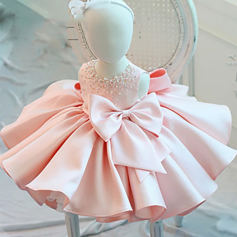 Chemical Fiber Blend Imitation Pearls Bow Sleeveless Mid-long Dresses - Pink - 9-10Y - image 10