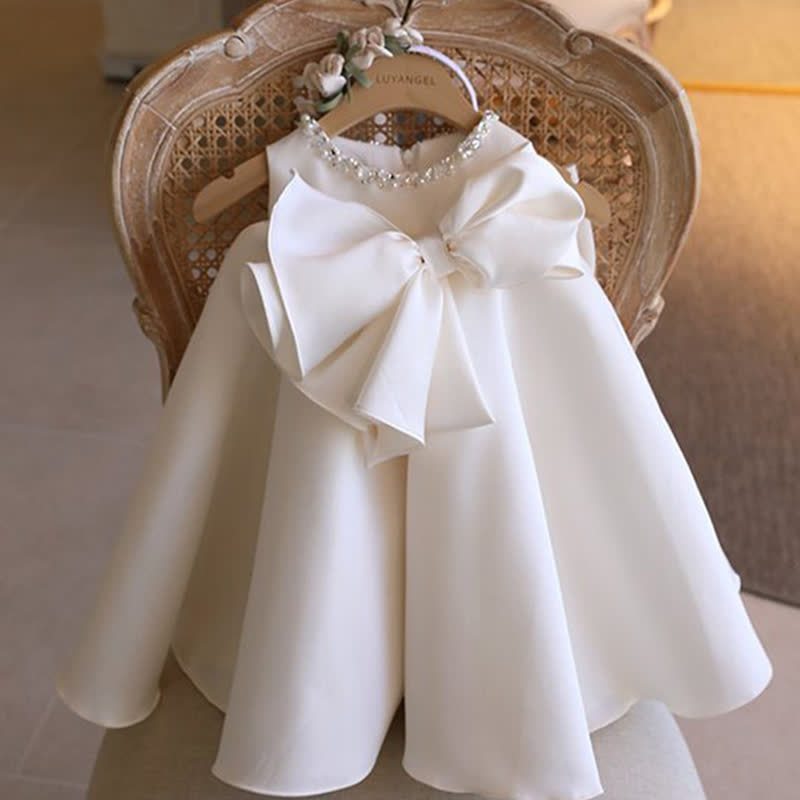 Chemical Fiber Blend Imitation Pearls Bow Sleeveless Mid-long Dresses - White - 9-10Y - image 1