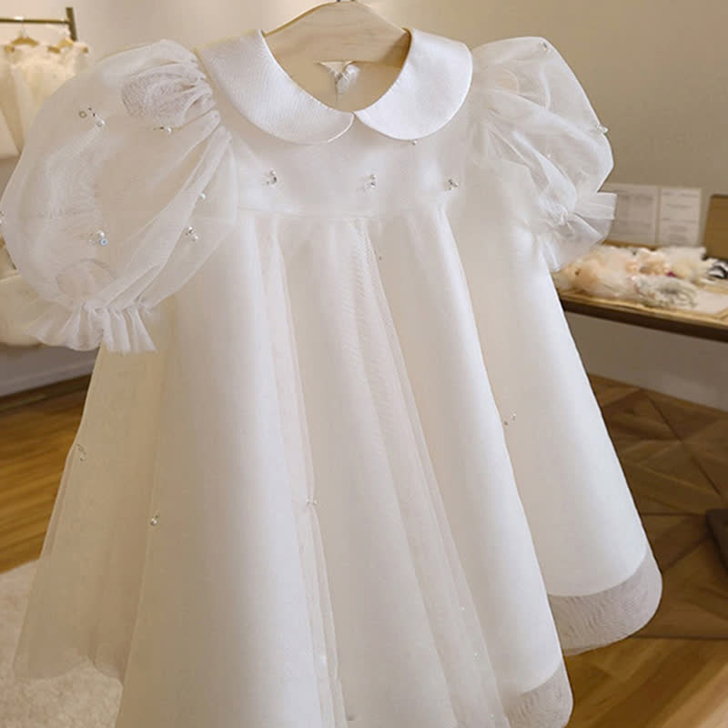 Mesh Imitation Pearls Sleeveless Mid-long Dresses - White - 9-10Y - image 1