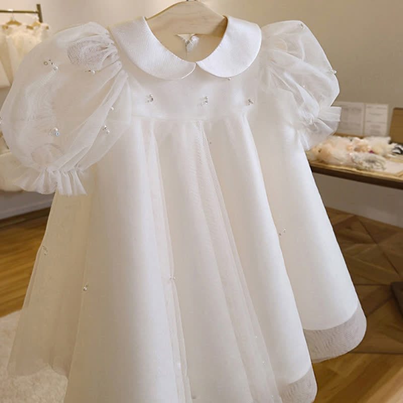 Mesh Imitation Pearls Sleeveless Mid-long Dresses - White - 9-10Y - image 1