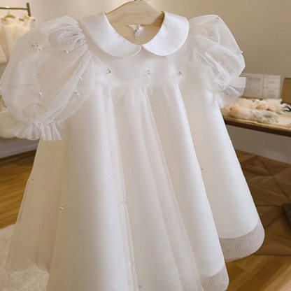 Mesh Imitation Pearls Sleeveless Mid-long Dresses - White - 9-10Y - image 1