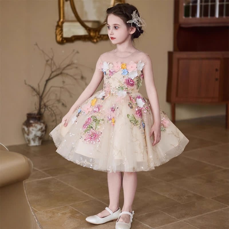Mesh Rosette Sequins Sleeveless Mid-long Dresses - Champagne - 12-13Y - image 1