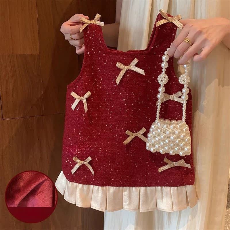 Woolen Bow Sleeveless Midi Dresses - Red - 7-8Y - image 1