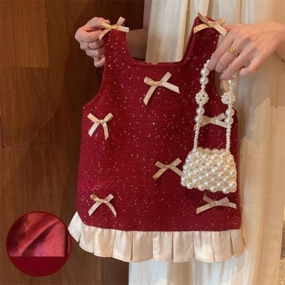 Woolen Bow Sleeveless Midi Dresses - Red - 7-8Y - image 1