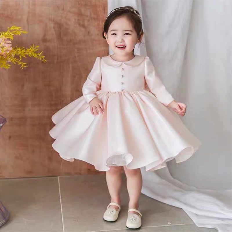 Chemical Fiber Blend Buckle Long Sleeve Mid-long Dresses - Pink - 9-10Y - image 1