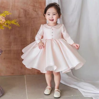 Chemical Fiber Blend Buckle Long Sleeve Mid-long Dresses - Pink - 9-10Y - image 1
