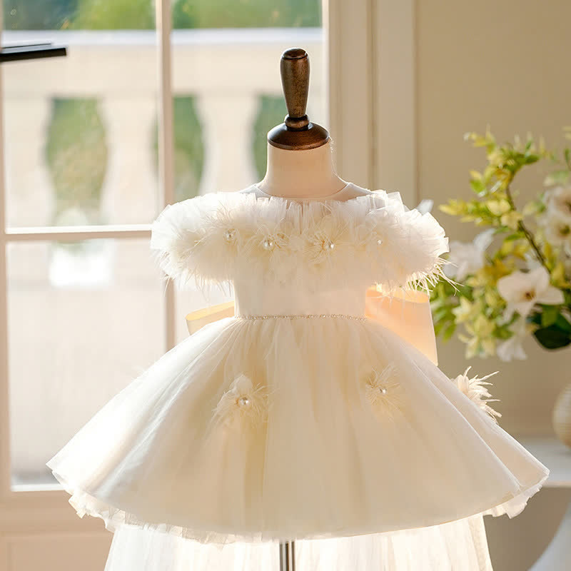 Chemical Fiber Blend Imitation Pearls Bow Feather-trimmed Short Sleeve Mid-long Dresses - image 2
