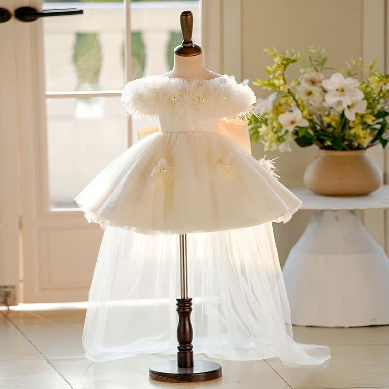 Chemical Fiber Blend Imitation Pearls Bow Feather-trimmed Short Sleeve Mid-long Dresses - Champagne - 9-10Y - image 1