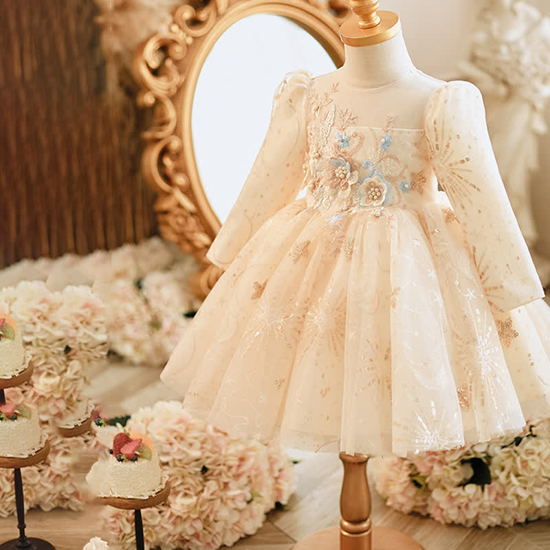 Mesh Rosette Sequins Long Sleeve Mid-long Dresses - image 2