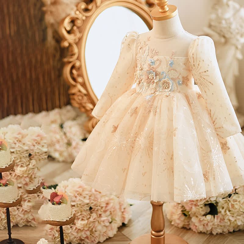 Mesh Rosette Sequins Long Sleeve Mid-long Dresses - image 2