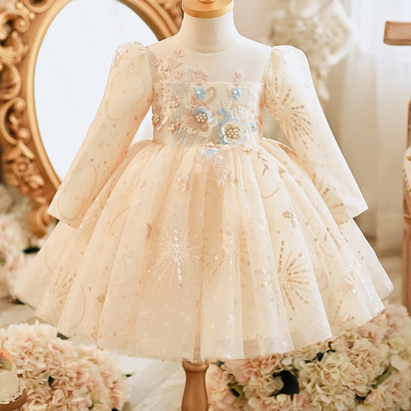 Mesh Rosette Sequins Long Sleeve Mid-long Dresses - Champagne - 14-15Y - image 1