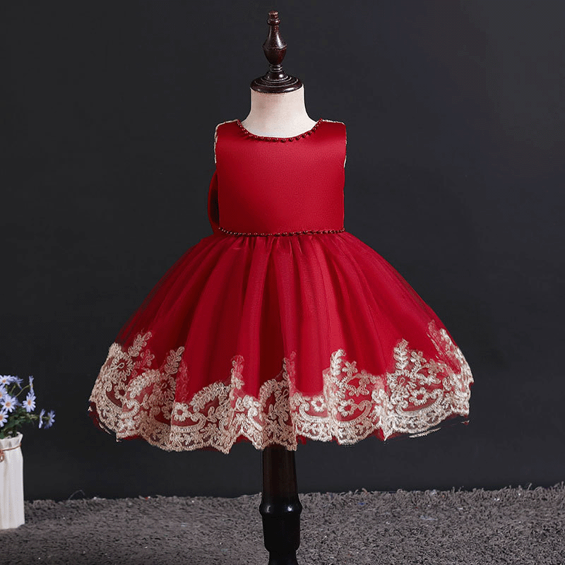 Mesh Stitching Lace Bow Sleeveless Midi Dresses - Red - 6-7Y - image 6