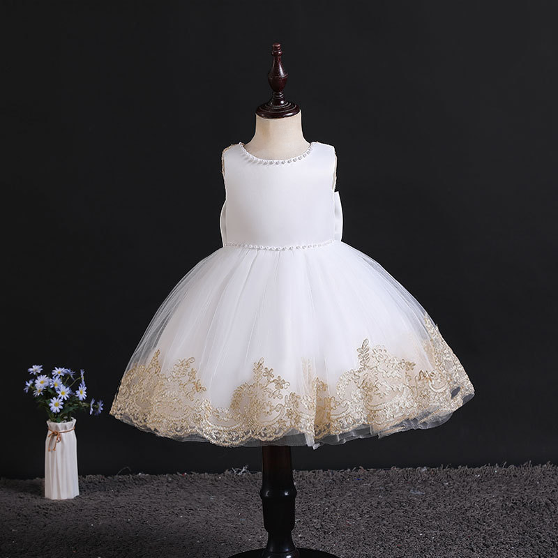 Mesh Stitching Lace Bow Sleeveless Midi Dresses - White - 6-7Y - image 1