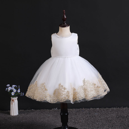 Mesh Stitching Lace Bow Sleeveless Midi Dresses - White - 6-7Y - image 1