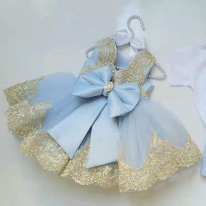 Mesh Stitching Lace Bow Sleeveless Midi Dresses - Blue - 6-7Y - image 5