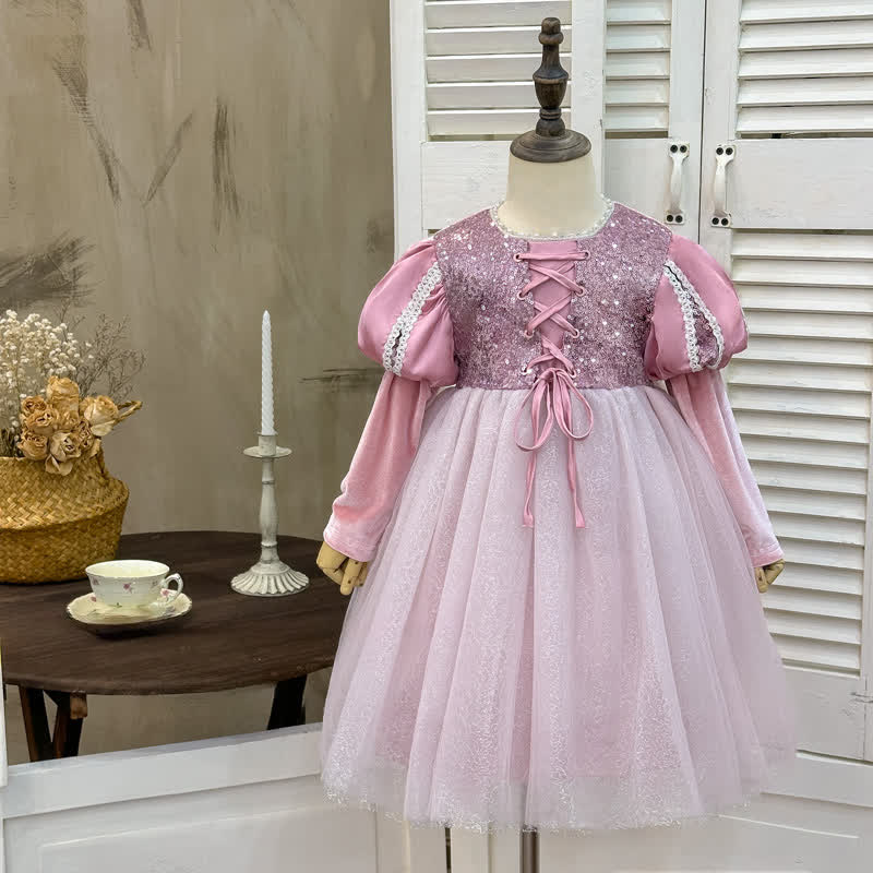 Velvet Lace-up Long Sleeve Midi Dresses - Pink - 9-10Y - image 1