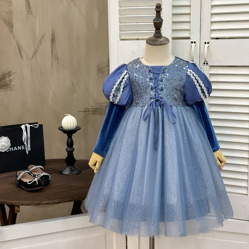 Velvet Lace-up Long Sleeve Midi Dresses - Blue - 9-10Y - image 6