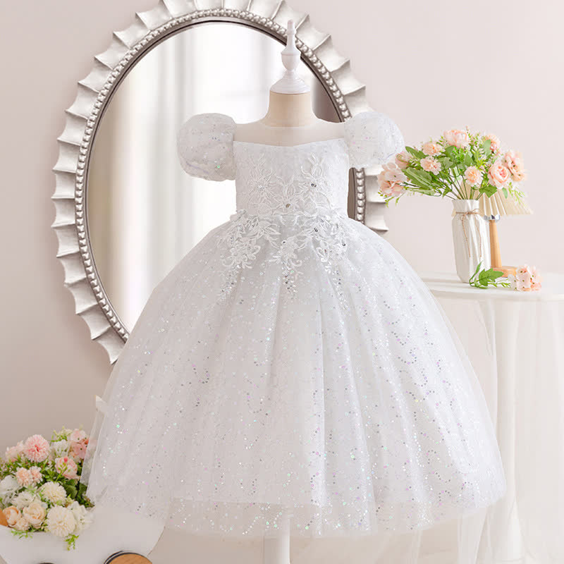 Mesh Lace Sequins Short Sleeve Maxi Dresses - White - 15-16Y - image 1