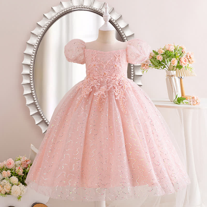 Mesh Lace Sequins Short Sleeve Maxi Dresses - Pink - 15-16Y - image 8