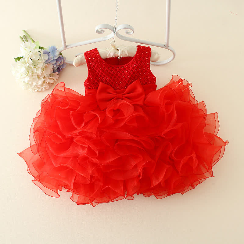 Mesh Folds Bow Sleeveless Midi Dresses - Red - 5Y - image 10