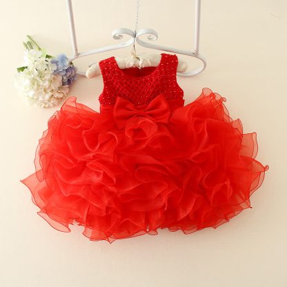Mesh Folds Bow Sleeveless Midi Dresses - Red - 5Y - image 10