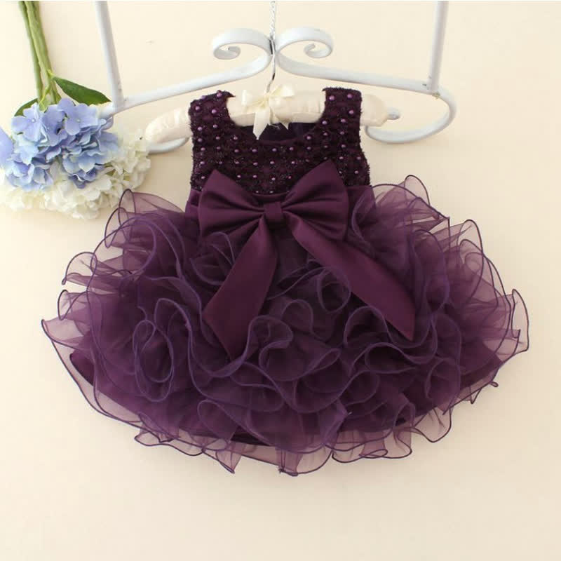 Mesh Folds Bow Sleeveless Midi Dresses - Purple - 5Y - image 13