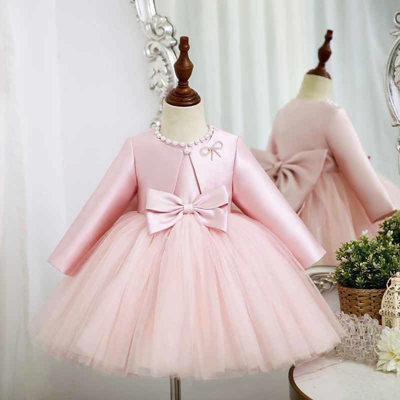 Satin Bow Long Sleeve Midi Dresses - Pink - 11-12Y - image 1