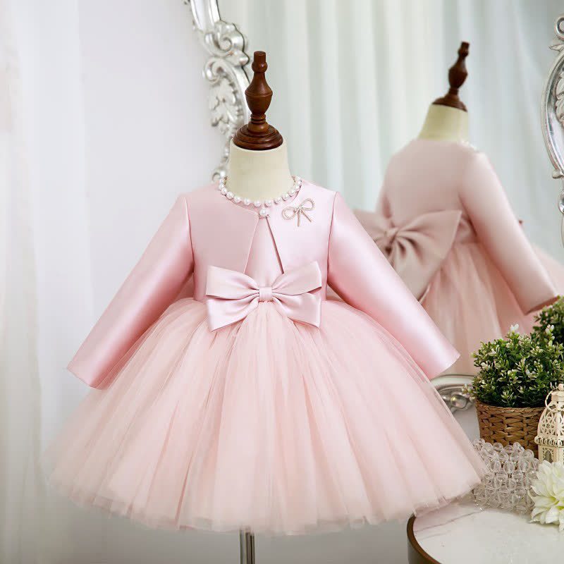 Satin Bow Long Sleeve Midi Dresses - Pink - 11-12Y - image 1