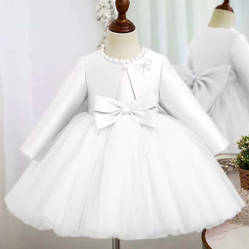 Satin Bow Long Sleeve Midi Dresses - White - 11-12Y - image 8