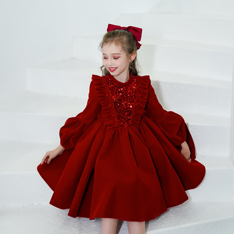 Velvet Sequins Flouncing Half Sleeve Mid-long Dresses - Long Red - 12-13Y - image 1