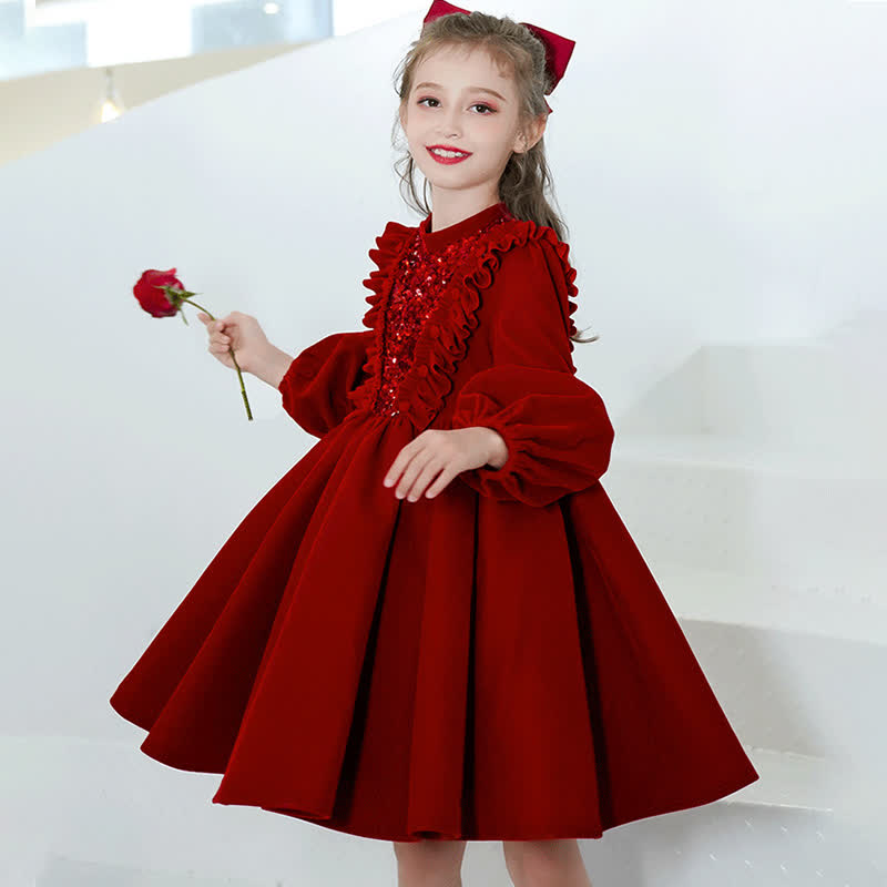 Velvet Sequins Flouncing Half Sleeve Mid-long Dresses - image 5