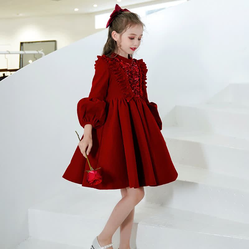 Velvet Sequins Flouncing Half Sleeve Mid-long Dresses - image 7