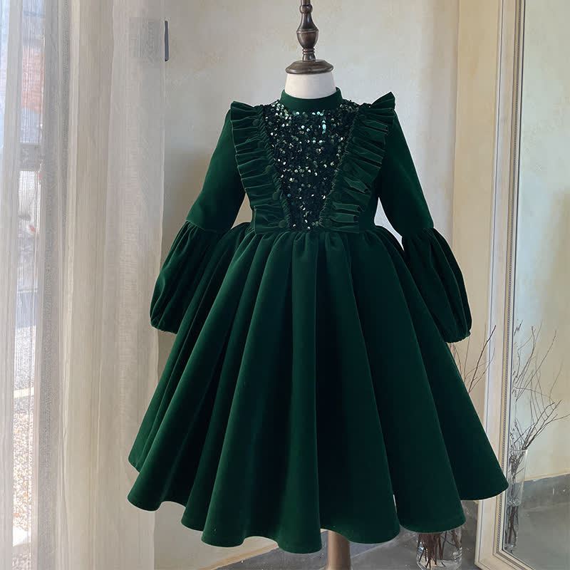 Velvet Sequins Flouncing Half Sleeve Mid-long Dresses - image 25