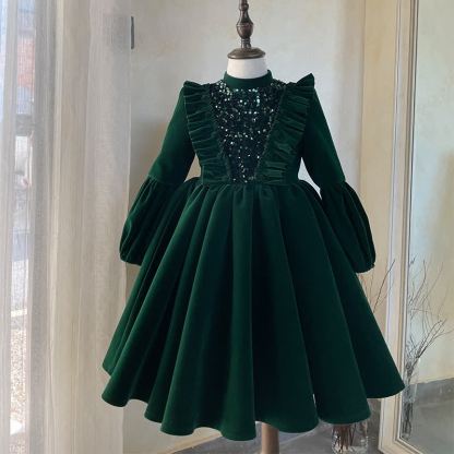 Velvet Sequins Flouncing Half Sleeve Mid-long Dresses - image 25