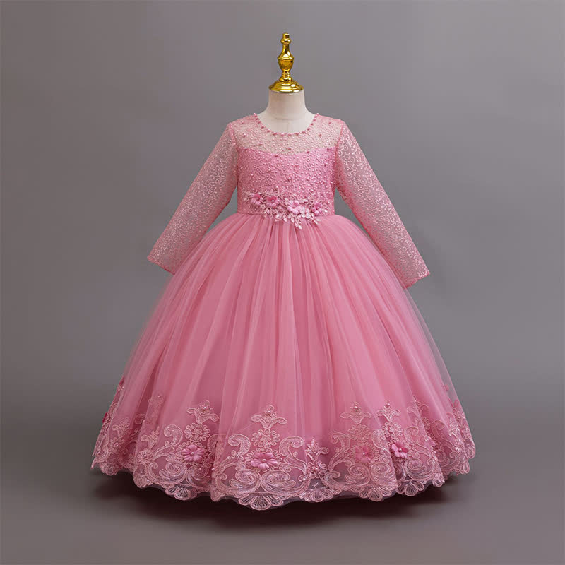 Mesh Lace Rosette Long Sleeve Maxi Dresses - Dark Pink - 12-13Y - image 6