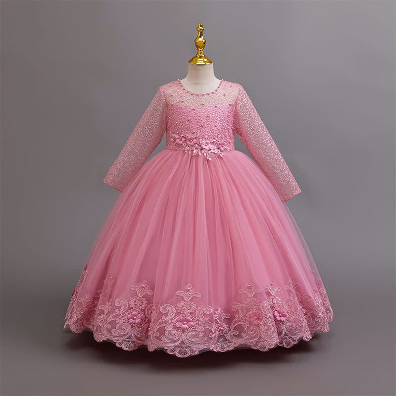 Mesh Lace Rosette Long Sleeve Maxi Dresses - Dark Pink - 12-13Y - image 6