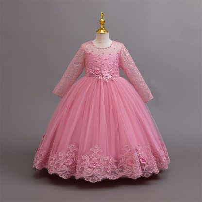 Mesh Lace Rosette Long Sleeve Maxi Dresses - Dark Pink - 12-13Y - image 6